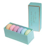 Boite turquoise de 6 savons macarons assortis